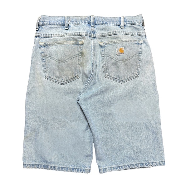 Mens Y2K Carhartt Blue Small Logo Work Wear Denim Jean Jort Shorts Size 32 - Picture 1 of 8